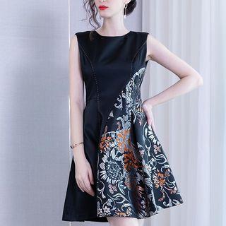 Flower Embroidered Panel Sleeveless A-line Dress