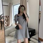 Puff-sleeve Tie Accent Plaid Slim Fit Dress