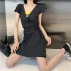 Plain V-neck Slim-fit Dress / Lettering Camisole Top