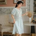 Short-sleeve Lace Collar Floral Print Midi A-line Dress