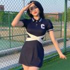 Puff-sleeve Letter Embroidered A-line Polo Dress