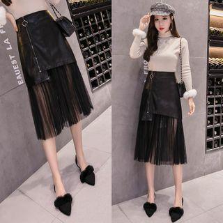 Mesh Panel Faux Leather Zipped Mini Skirt