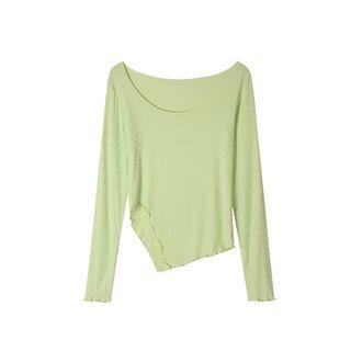 Round Neck Asymmetrical Plain Slit Long Sleeve Top