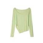 Round Neck Asymmetrical Plain Slit Long Sleeve Top