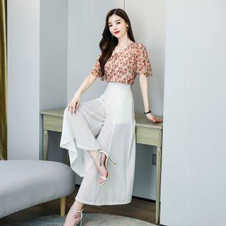 Set: Short-sleeve Floral Print Top + Wide Leg Pants