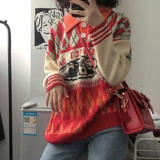 Long-sleeve Pattern Printed Polo Knit Top