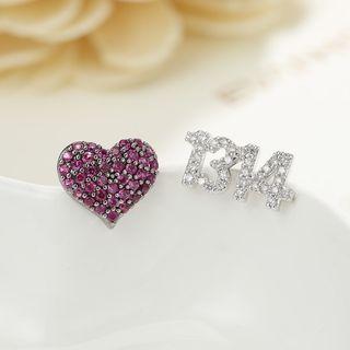Non-matching Rhinestone Heart Stud Earring 1 Pair - 925 Silver Needle - Stud Earrings - One Size