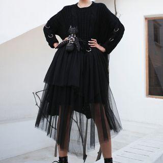 Spider Applique Mesh Overlay A-line Midi Knit Dress Black - One Size