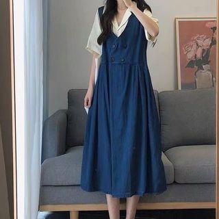 Short-sleeve Shirt / Double-breasted Midi Overall Dress / Set