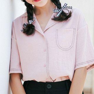 Plain Collared Short-sleeve Blouse