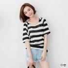 Bold-striped Short-sleeve Hooded Top