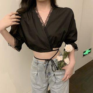 Lace Trim Drawstring Hem Cropped Top