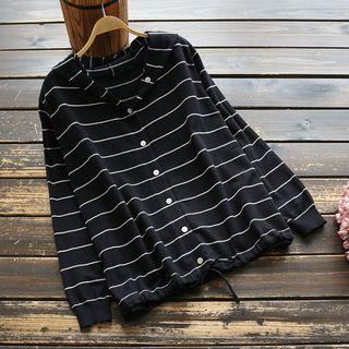 Long-sleeve Striped Buttoned Hooded Knit Top