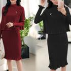 Set: Ruffle Trim Crew-neck Sweater + High-waist Pencil Skirt