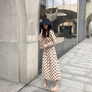 Polka Dot Long-sleeve A-line Midi Dress As Shown In Figure - One Size