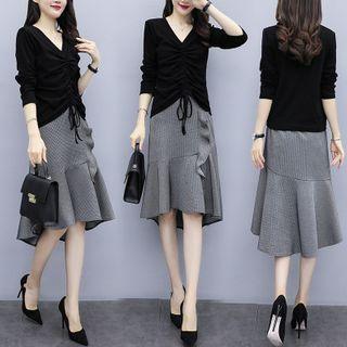 Long-sleeve Drawstring Top + High-waist Ruffle Trim Plain Skirt