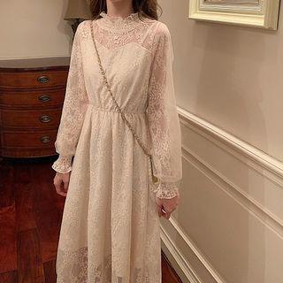 Set: Mock-turtleneck Balloon-sleeve Midi Lace Dress + Slipdress As Shown In Figure - One Size
