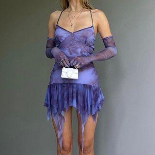 Set: Spaghetti Strap Shirred A-line Dress + Arm Sleeves
