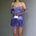 Set: Spaghetti Strap Shirred A-line Dress + Arm Sleeves