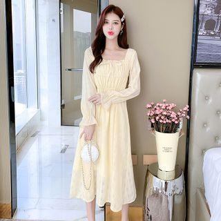 Long-sleeve Square Neck Ruched A-line Dress
