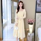 Long-sleeve Square Neck Ruched A-line Dress