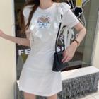 Bow Embroidered Short-sleeve Mini A-line Dress