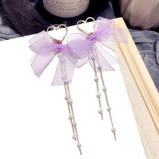 Mesh Bow Faux Pearl Fringed Earring 1 Pair - Steel Stud - Purple - One Size