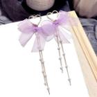 Mesh Bow Faux Pearl Fringed Earring 1 Pair - Steel Stud - Purple - One Size