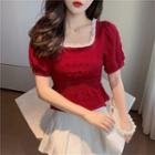 Puff Sleeve Lace Trim Square Neck Chiffon Top