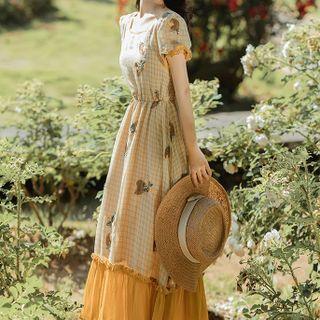 Short-sleeve Plaid Ruffle Hem Maxi Dress