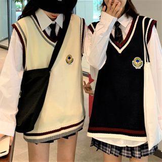 Long-sleeve Shirt / Knit Vest / Plaid Mini A-line Skirt