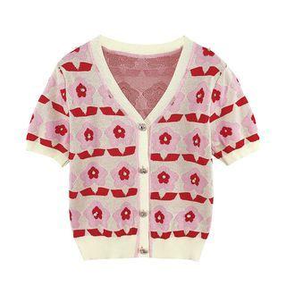 Short-sleeve V-neck Floral Cardigan Pink - One Size