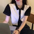 Short-sleeve Two Tone Button-up Top Black & White - One Size