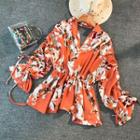 Long-sleeve V-neck Floral Print Blouse