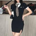 Set: Short-sleeve Polo Bodycon Dress + Plaid Neck Tie
