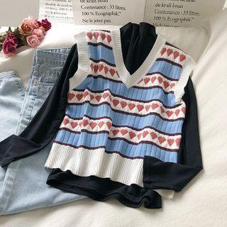 Heart Print Knit Vest Blue - One Size