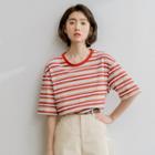 Elbow-sleeve Striped T-shirt Stripe - Red - One Size