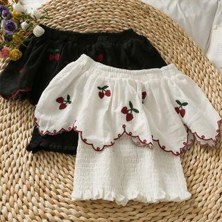 Off-shoulder Embroidered Smocked Crop Top