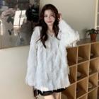 Long-sleeve V-neck Furry Sweater White - One Size