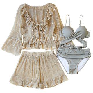 Set: Wrap Bikini + Ruffle Cover-up Top + Shorts
