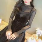 Set: Long-sleeve Mesh Top + Spaghetti Strap Midi Velvet Dress