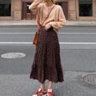 Long-sleeve Buttoned Knit Top / Floral Print Midi A-line Skirt