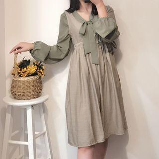 Plain Bow Accent Blouse / Plain Pinafore Midi Dress