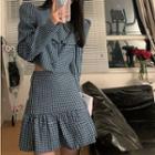 Set: Houndstooth Cropped Blazer + A-line Skirt