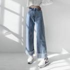 Belt-waist Mid Rise Wide Leg Jeans