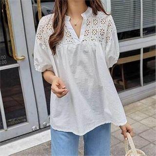Drop-shoulder Perforated Blouse