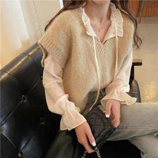 Bell-sleeve Chiffon Blouse / V-neck Knit Vest