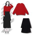 V-neck Sweater / Midi Layered Skirt