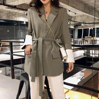 Colorblock Long Blazer With Sash