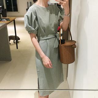 Puff-sleeve Checked Midi Dress With Sash